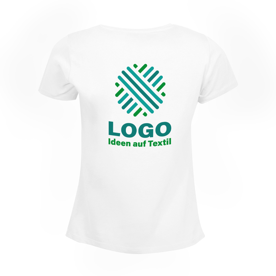 weißes Premium-T-Shirt für Damen von B&C mit 3-farbigem Siebdruckmotiv auf der Rückseite