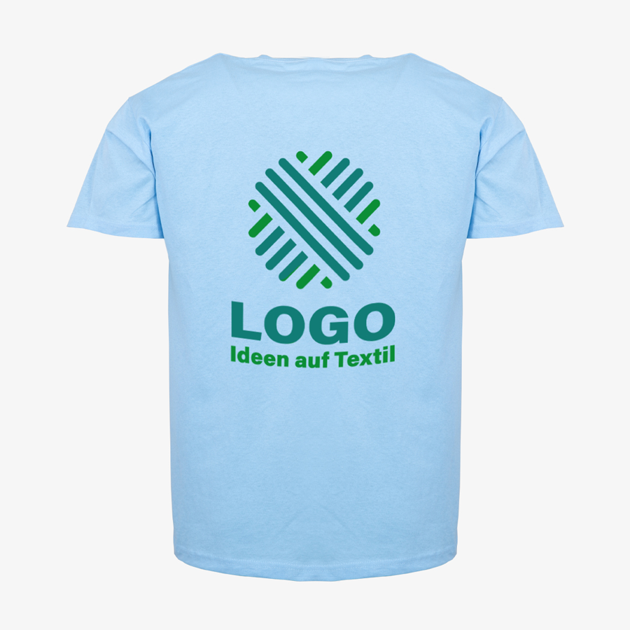 blaues Budget-T-Shirt für Herren von Fruit of the Loom mit 2-farbigem Siebdruckmotiv auf der Rückseite