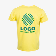 gelbes Premium-T-Shirt für Herren von B&C mit 3-farbigem Siebdruckmotiv auf der Rückseite