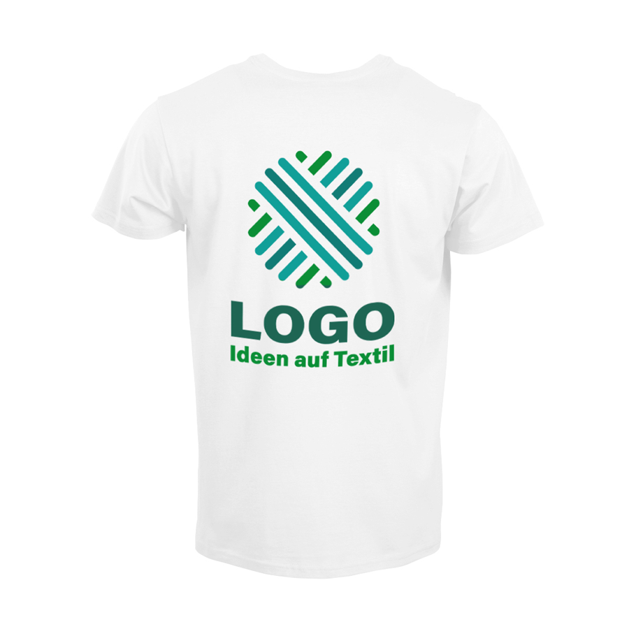 weißes Premium-T-Shirt für Herren von B&C mit 3-farbigem Siebdruckmotiv auf der Rückseite