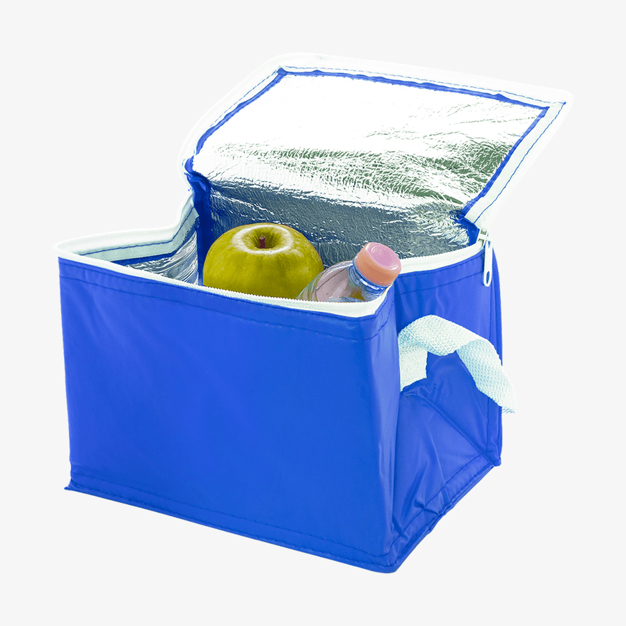 Unbedruckte, blaue PVC-Kühltasche mit Reissverschluss und Wärmeisolierung, für 6 Getränkedosen à 0,33 l