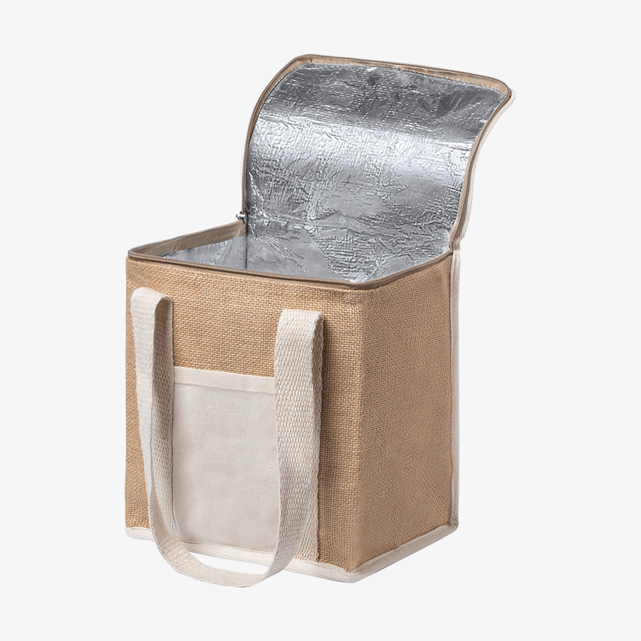 Unbedruckte Reissverschluss-Kühltasche aus laminierter Jute und Baumwolle mit Aluminiumbeschichtung