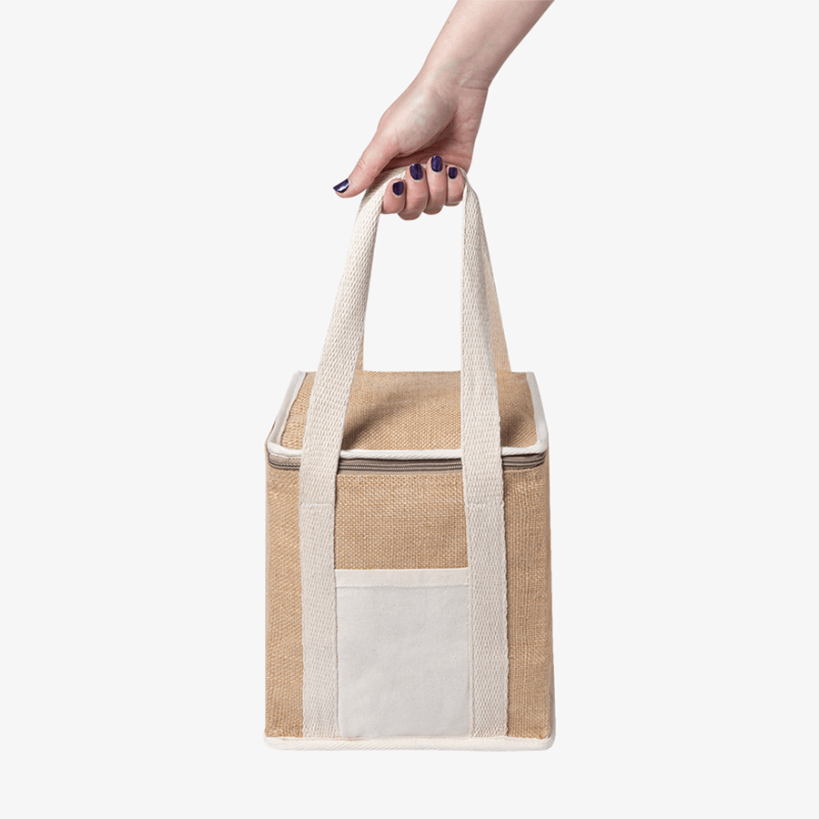 Naturfarbene Reissverschluss-Kühltasche aus laminierter Jute und Baumwolle, ohne Aufdruck