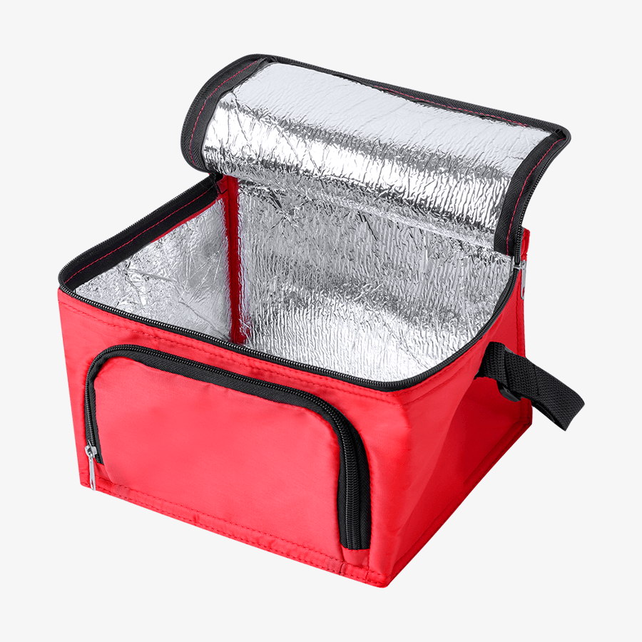 Rote, unbedruckte Kühltasche aus Polyester mit Reissverschlussfächern