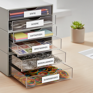 Organizer mit Büromaterial, Schubladen beschriftet mit selbst bedruckten Etiketten, auf Schreibtisch