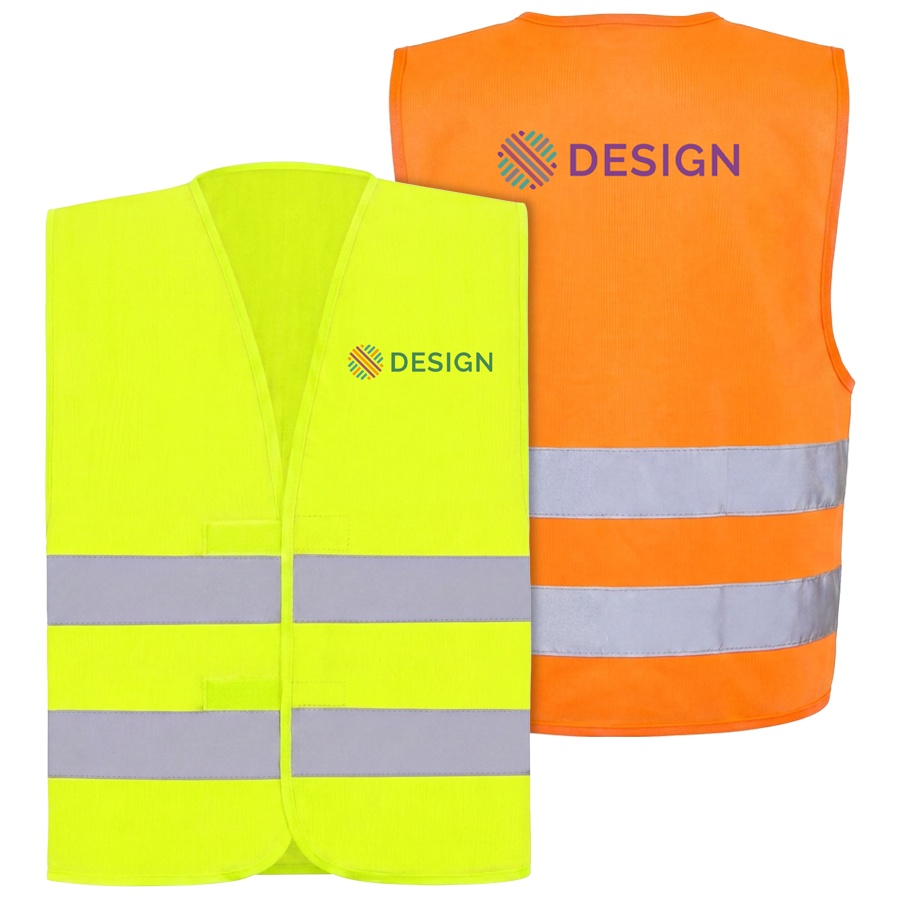 Unisex-Signalweste in neongelb und neonorange Vorder- und Rückseite jeweils bedruckt