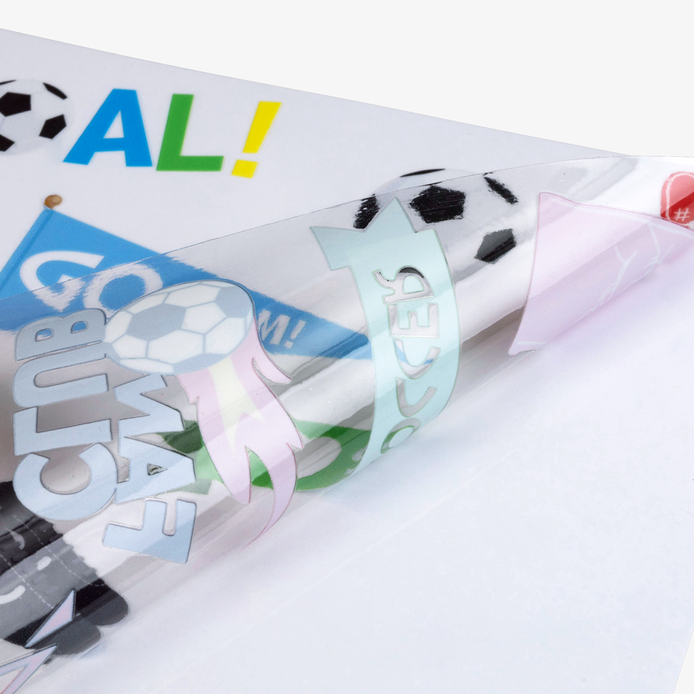 Bogen mit vielen UV-DTF-Aufklebern mit festen Motiven, Motiv Fussball Fun