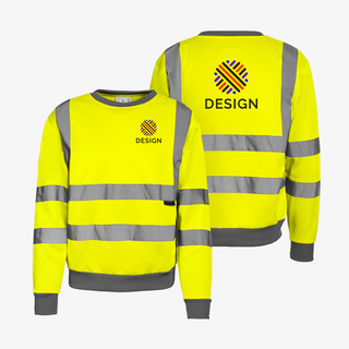 Vorderseite und Rückseite eines beidseitig bedruckten Warnschutz-Sweatshirts in Neongelb
