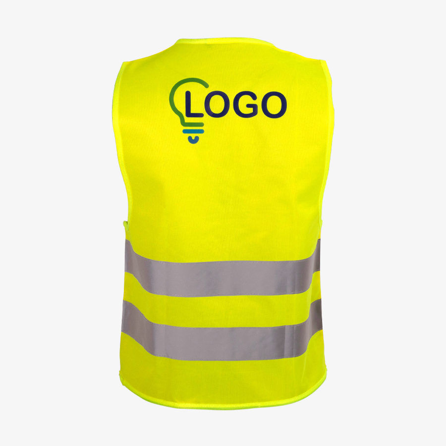 Neongelbe Warnweste mit zwei Reflektorstreifen und individuellem Aufdruck