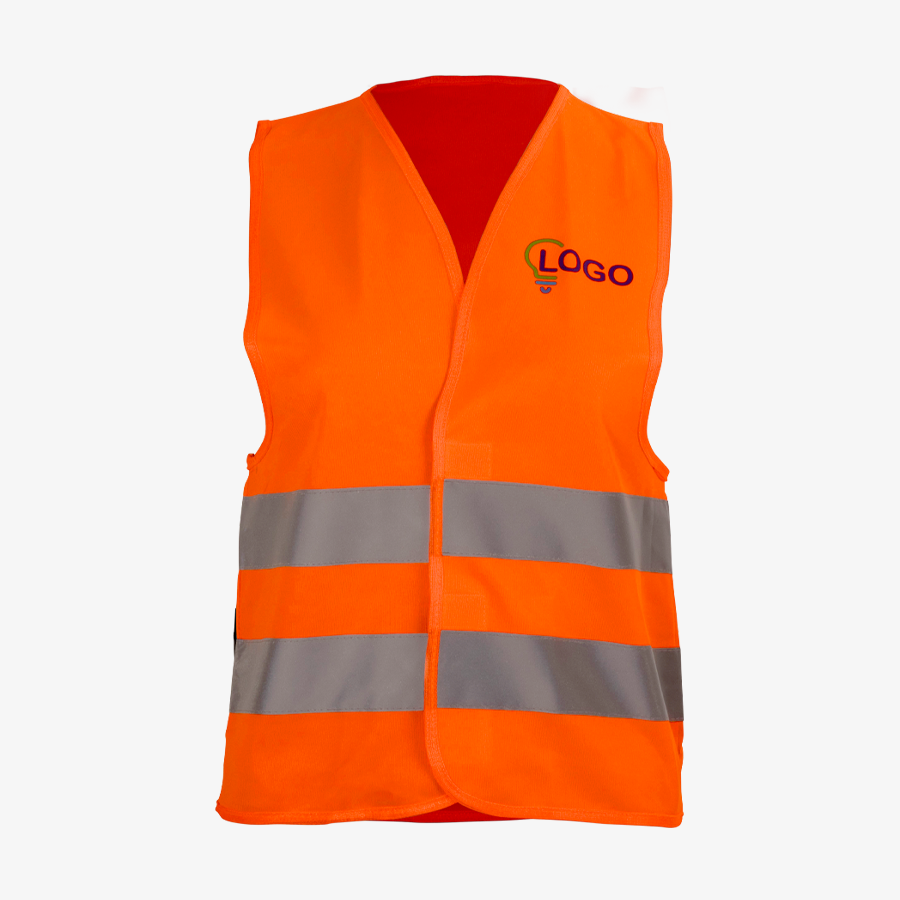 Auf der Brust bedruckte Warnweste in der auffälligen Farbe Neonorange