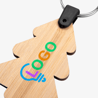 Weihnachts-Schlüsselanhänger aus Bambus in Form eines Tannenbaums, mit Druck