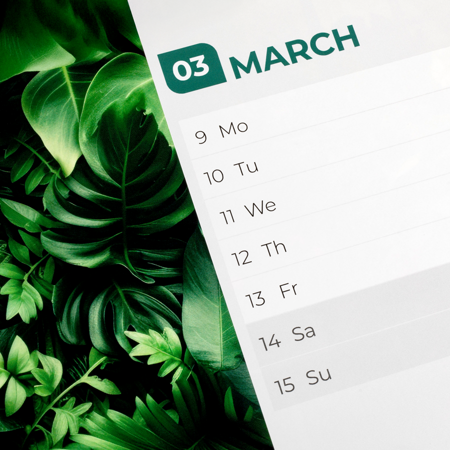 Detailansicht Wochenkalender mit Spiralbindung, individuell und vollfarbig bedruckbar