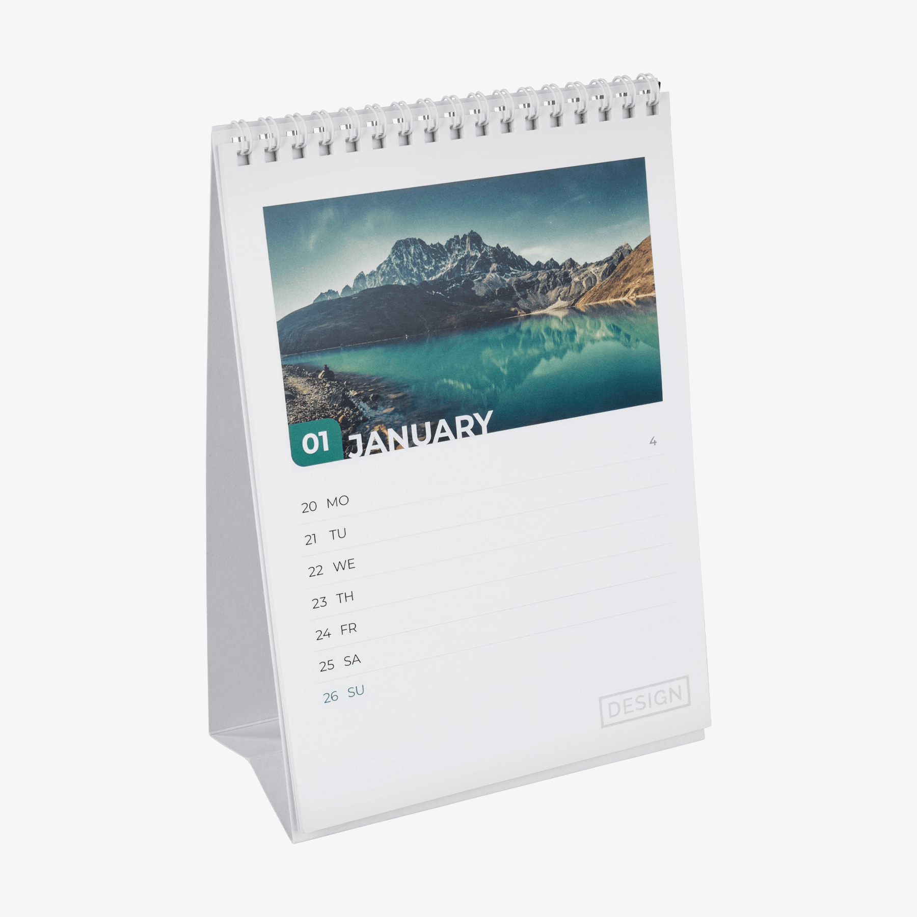 Aufgeklappter Wochentischkalender im Hochformat, mit 4/0-farbigem Druck