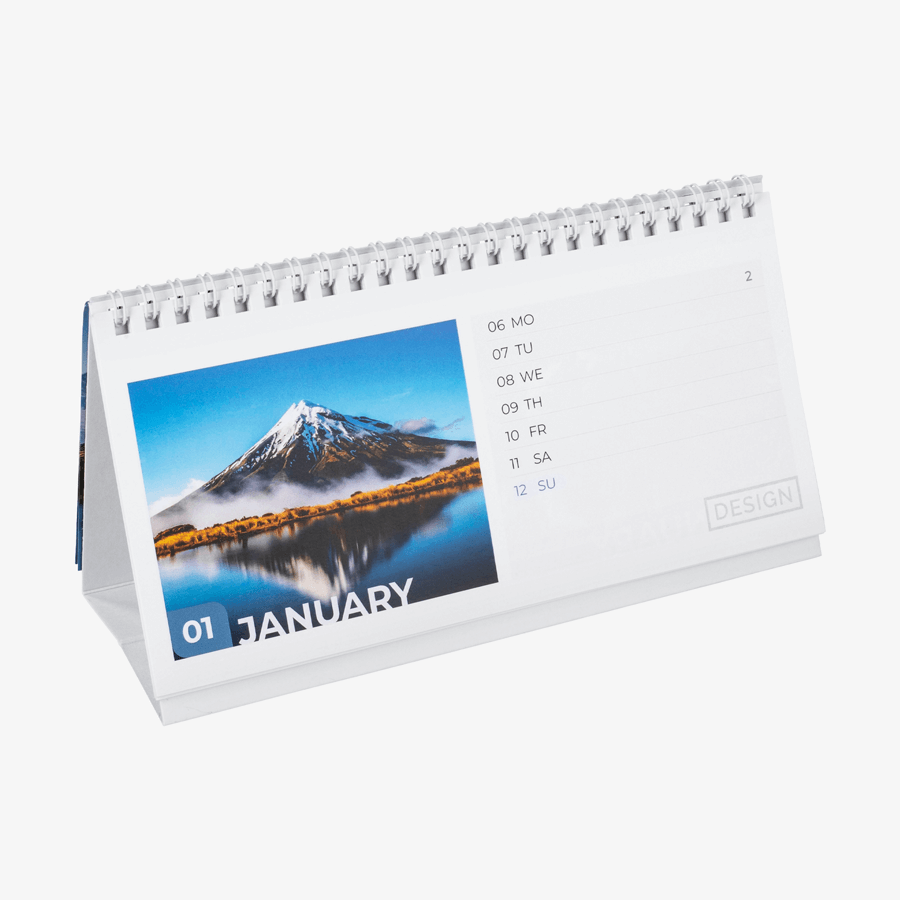 Aufgeklappter Wochentischkalender mit vollfarbigem Druck, lang quer