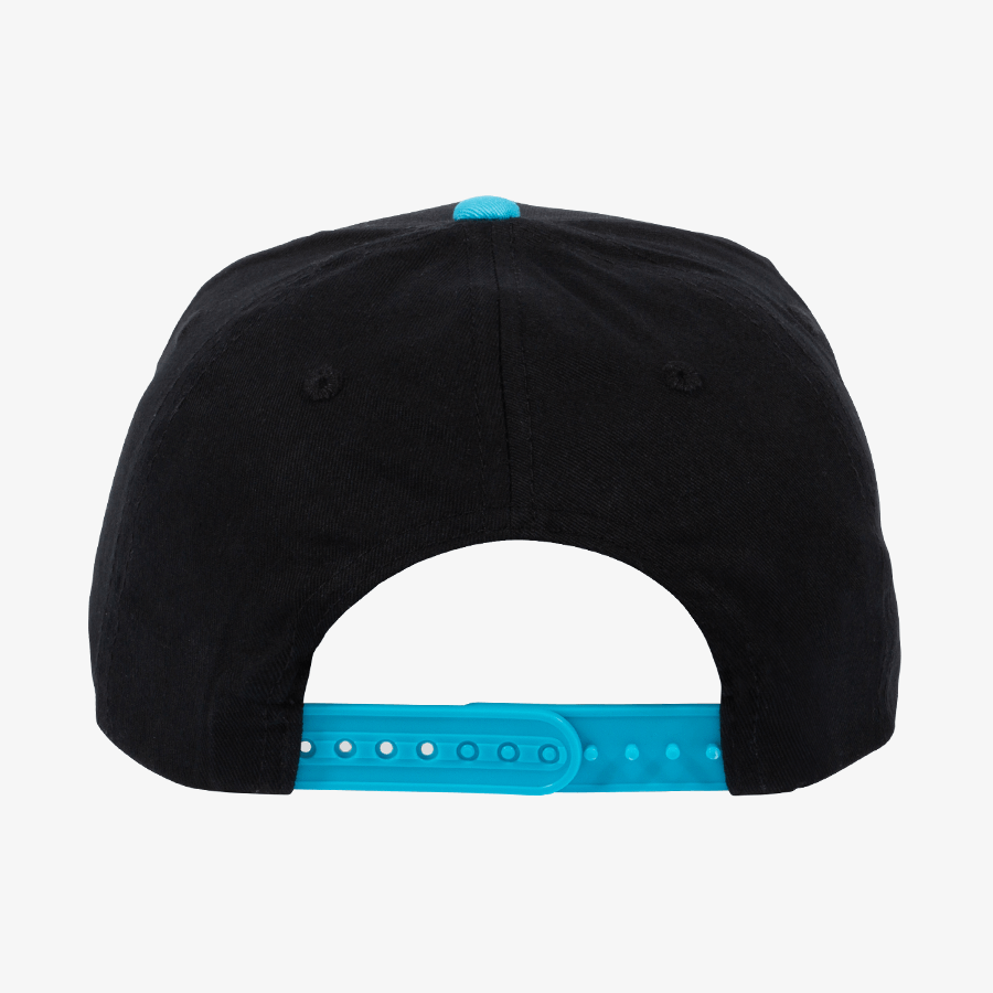 Rückansicht einer türkis-schwarzen Youth-Size-Snapback-Cap mit 3D-Stickerei