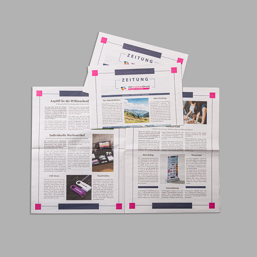 Zeitung im Rollenoffsetdruck, im Format ca. DIN A3 und vollfarbig gedruckt