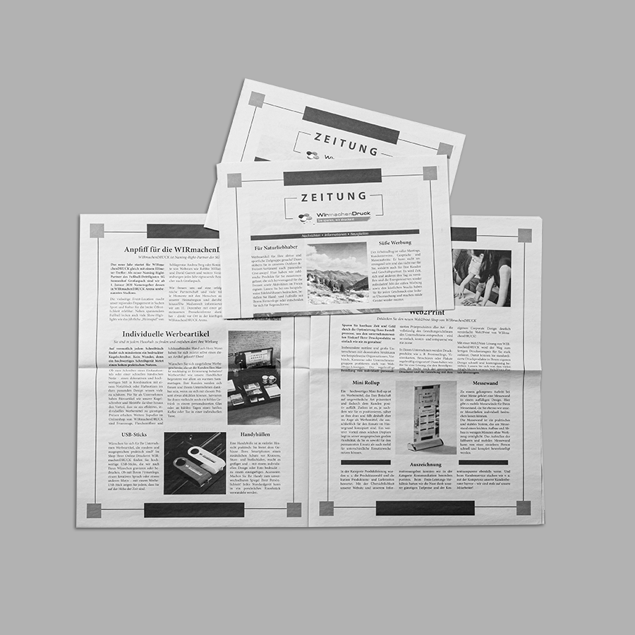 Individuell bedruckte Zeitungen (DIN A3) in Schwarz-Weiss mit Titelbilds und Innenseiten