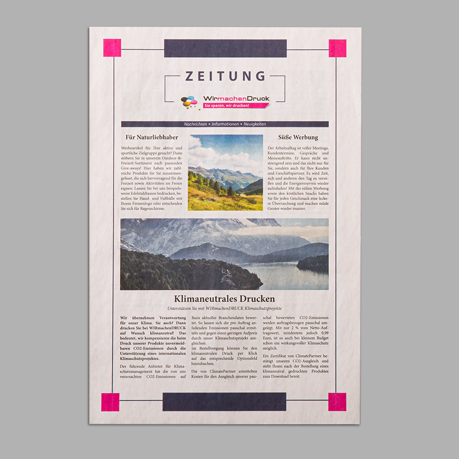 4/4-farbig bedruckte Zeitung im DIN-A4-Format, Ansicht der kompletten Titelseite