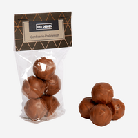 Pralinenset mit fünf Pralinen, Folienbeutel mit bedrucktem Etikett