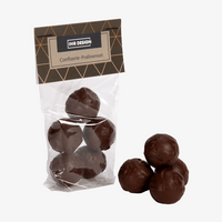 Pralinenset mit fünf Pralinen, Folienbeutel mit bedrucktem Etikett