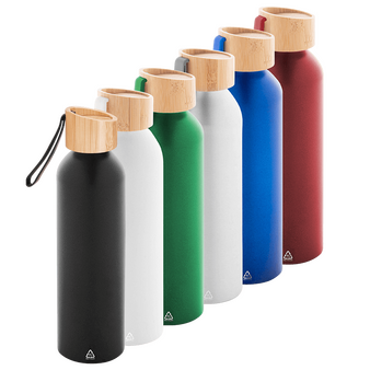 Aluminiumflasche mit Bambusdeckel und Trageschlaufe Farbauswahl