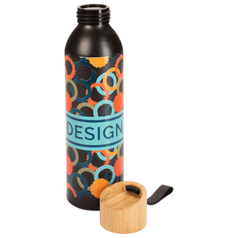 Aluminiumflasche mit Bambusdeckel und Trageschlaufe bedruckt
