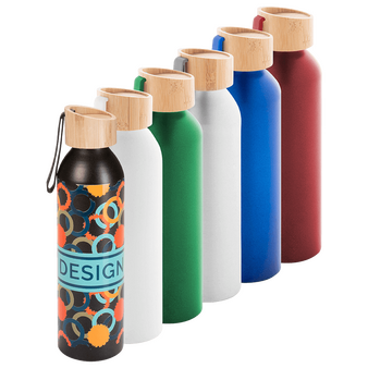 Aluminiumflasche mit Bambusdeckel und Trageschlaufe bedruckt