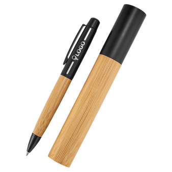 Bambus-Kugelschreiber Schwarz mit einseitiger Lasergravur
