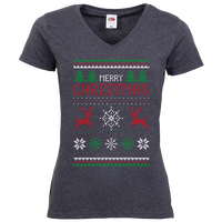 Damen-T-Shirt FOTL, Basic V-Neck - Motiv Weihnachtsstrickpulli