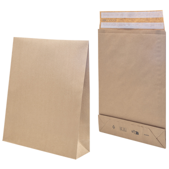 Faltentasche mit Klotzboden (22,9 x 16,2 x 4 cm), doppelte Haftklebung ohne Fenster, unbedruckt braun