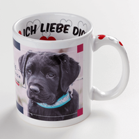 Fototasse ICH LIEBE DICH, Außen mit Foto bedruckt, Innen ein Schriftzug mit Ich liebe Dich, Henkel mit Herzen