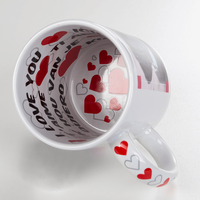 Fototasse ICH LIEBE DICH, Innen ein Schriftzug mit Ich liebe Dich, Henkel mit Herzen, Tassenboden mit Herzen