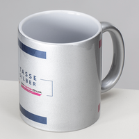 Fototasse silber-metallic, Innenseite weiß, Außenseite und Henkel silber-metallic, mit brillantem Druck