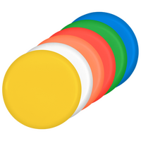 mehrere Frisbees in vielen Farben aufgereiht 