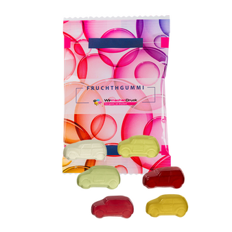 Fruchtgummi-Tütchen 10g (Form: Autos), 4/0 farbig einseitig bedruckt