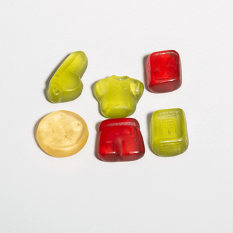 Fruchtgummi, farbig bedruckt, verschiedene Formen
