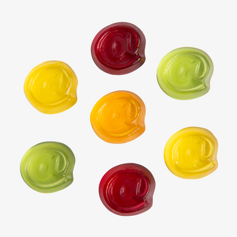 Fruchtgummi, farbig, Zeichen