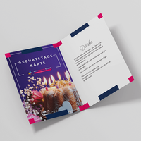 Geburtstagskarte, farbig bedruckt, aufgeschlagen, Kuchen Motiv