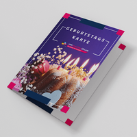 Geburtstagskarte, farbig bedruckt, aufgeschlagen, Kuchen Motiv