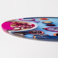 Glas Schneidebrett rund, farbig bedruckt mit Text, liegend