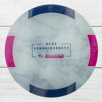 Glas Schneidebrett rund, farbig bedruckt mit Text, liegend