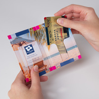 Kartenhülle, farbig bedruckt, liegend, aufgeklappt mit Visitenkarte