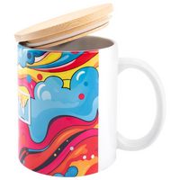 Tasse bedruckt seitlich mit abgehobenem Deckel