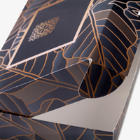 Klappdeckelschachtel, farbig bedruckt, offen, details