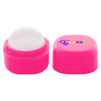w&uuml;rfelf&ouml;rmiger Lippenbalsam in pink, offen und bedruckt