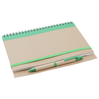 Notizbuch DIN A5 hoch, Umschlag: Karton, Inhalt: 60 blanko Seiten aus Recyclingpapier, inkl. Kugelschreiber