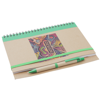 Notizbuch DIN A5 hoch, Umschlag: Karton, Inhalt: 60 blanko Seiten aus Recyclingpapier, inkl. KugelschreiberNotizbuch DIN A5 hoch, Umschlag: Karton, Inhalt: 60 blanko Seiten aus Recyclingpapier, inkl. Kugelschreiber