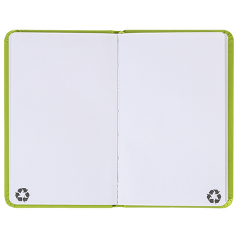 Notizbuch DIN A6 hoch, Umschlag: Kunstleder, Inhalt: 100 blanko Seiten aus Recyclingpapier