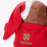 Nahaufnahme Teddybär mit Mütze bedruckt von hinten