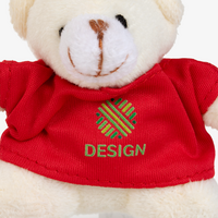 Nahaufnahme weißer Teddybär mit T-Shirt bedruckt von vorne